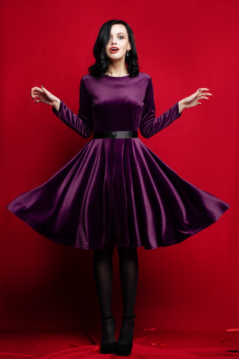 Velvet plum coloured stretch dress with belt