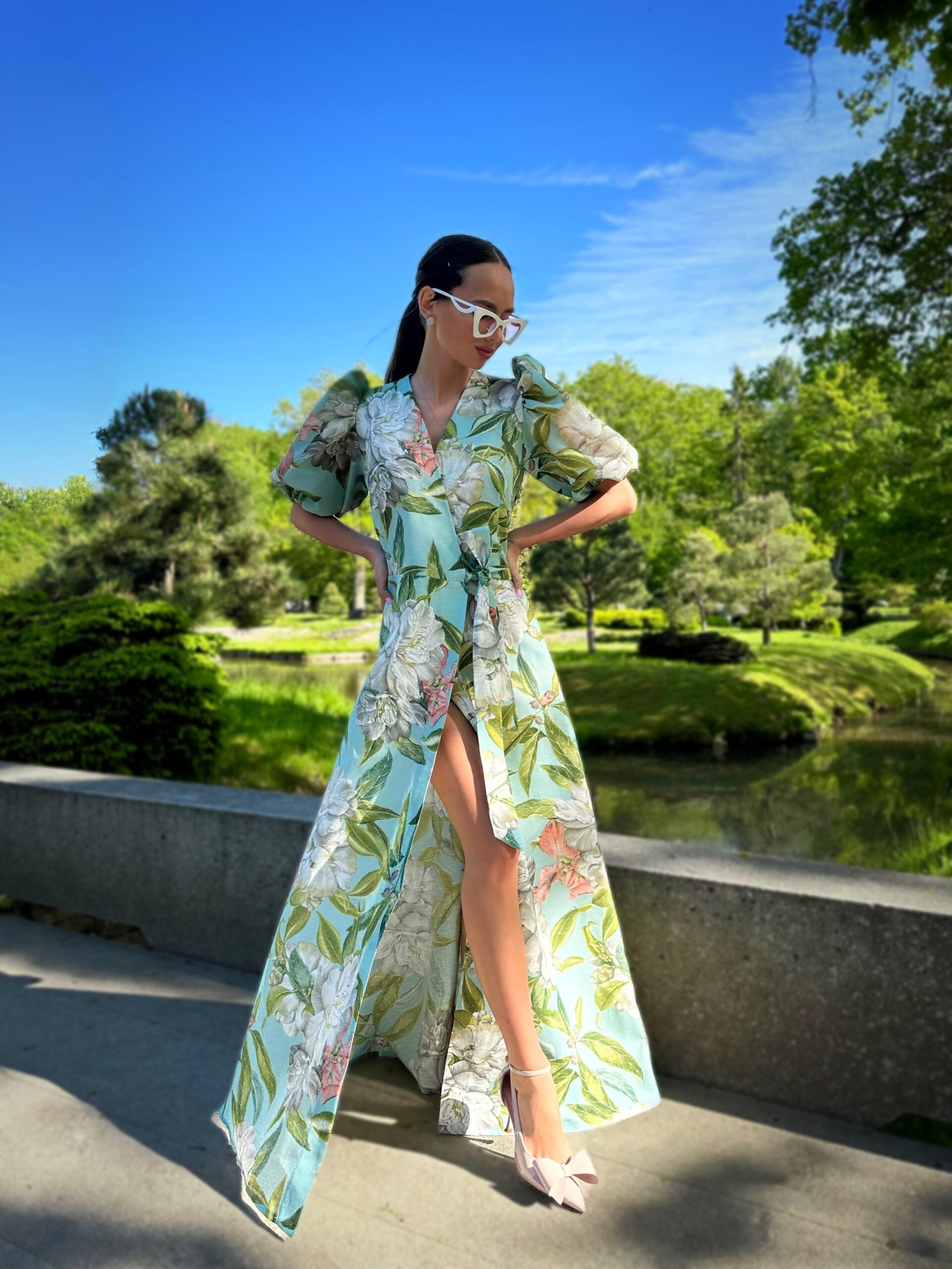 Spring Peons mint color Cotton long dress